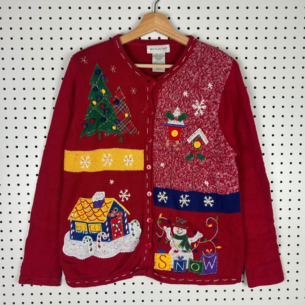 White Stag Red Christmas Ugly Sweater Womens Large Cardigan Snowman Tree House